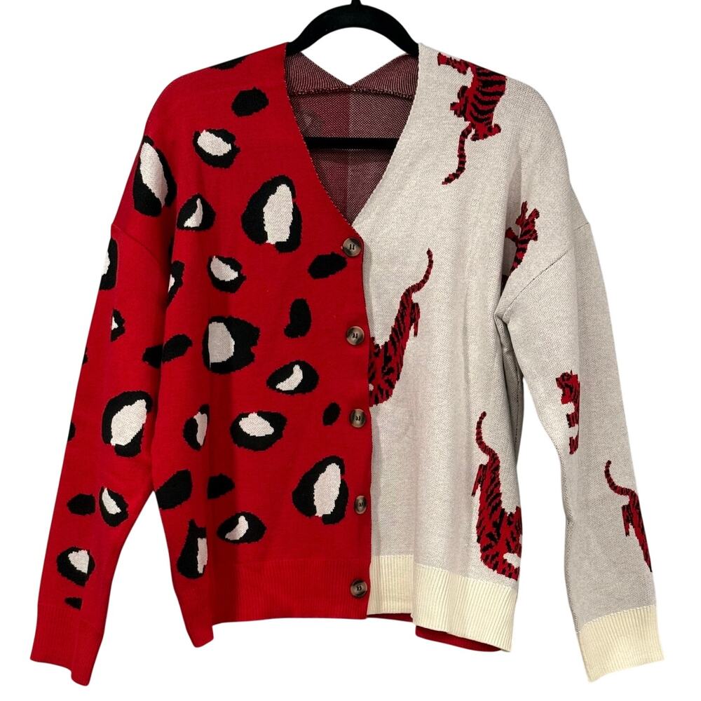 Tiger Leopard Cardigan Sweater Red Colorblock Oversized Maximalist Women's M